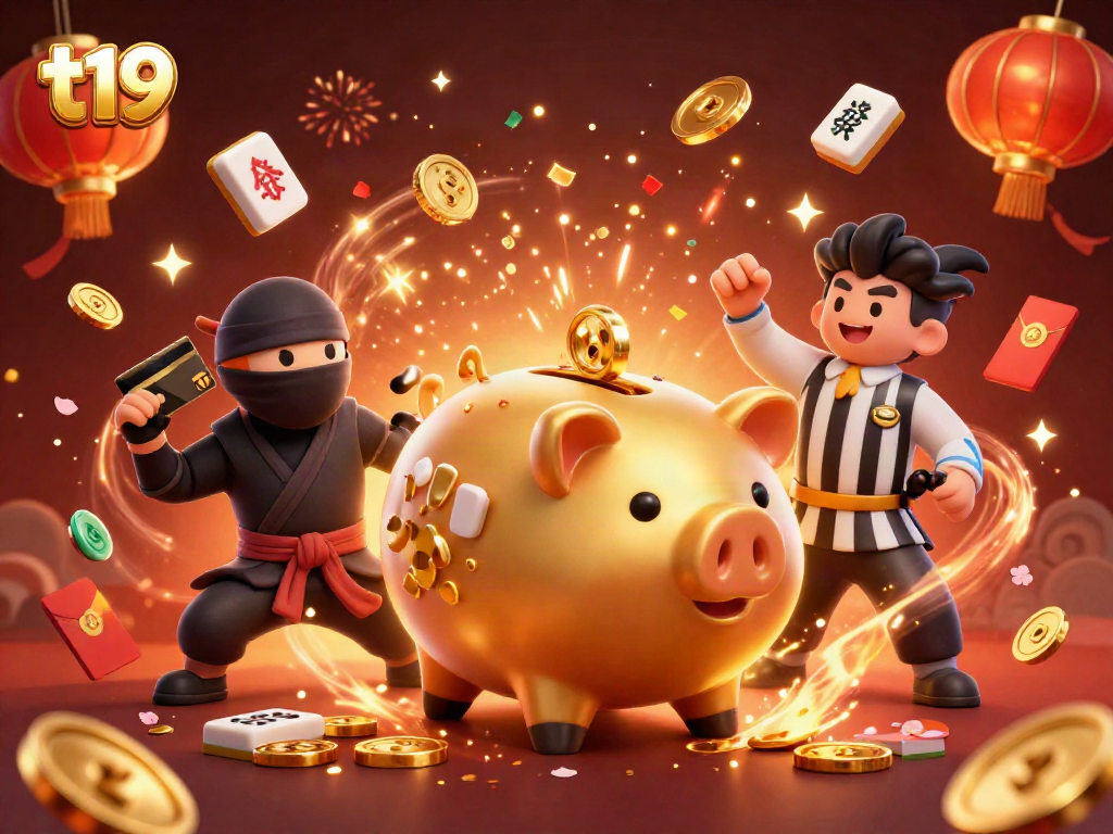 Experience thrilling wins at t19 with a dynamic illustration of golden piggy bank sumo wrestler and casino elements.