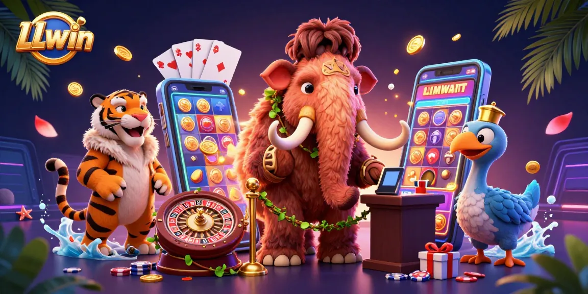 Experience thrilling gaming adventures at LLwin with a cartoon mammoth checking IDs in a vibrant casino.
