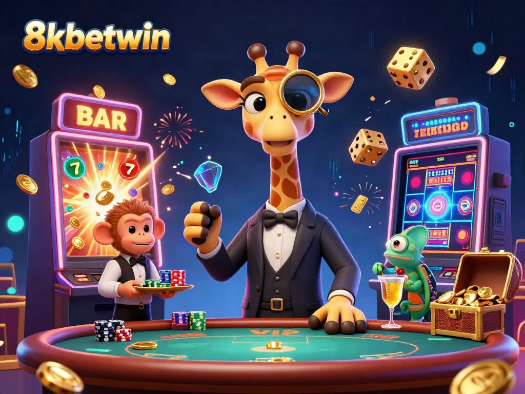 Experience the excitement of gaming with 8xbetwin's vibrant casino illustration, showcasing a high-roller giraffe and friends.
