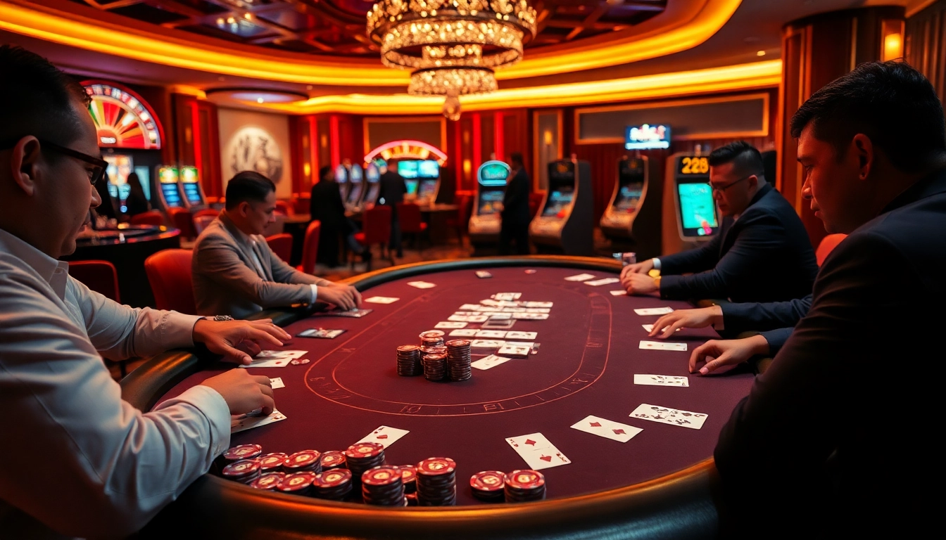 Gamblers strategizing at a luxurious poker table at 258bet, surrounded by vibrant casino elements.