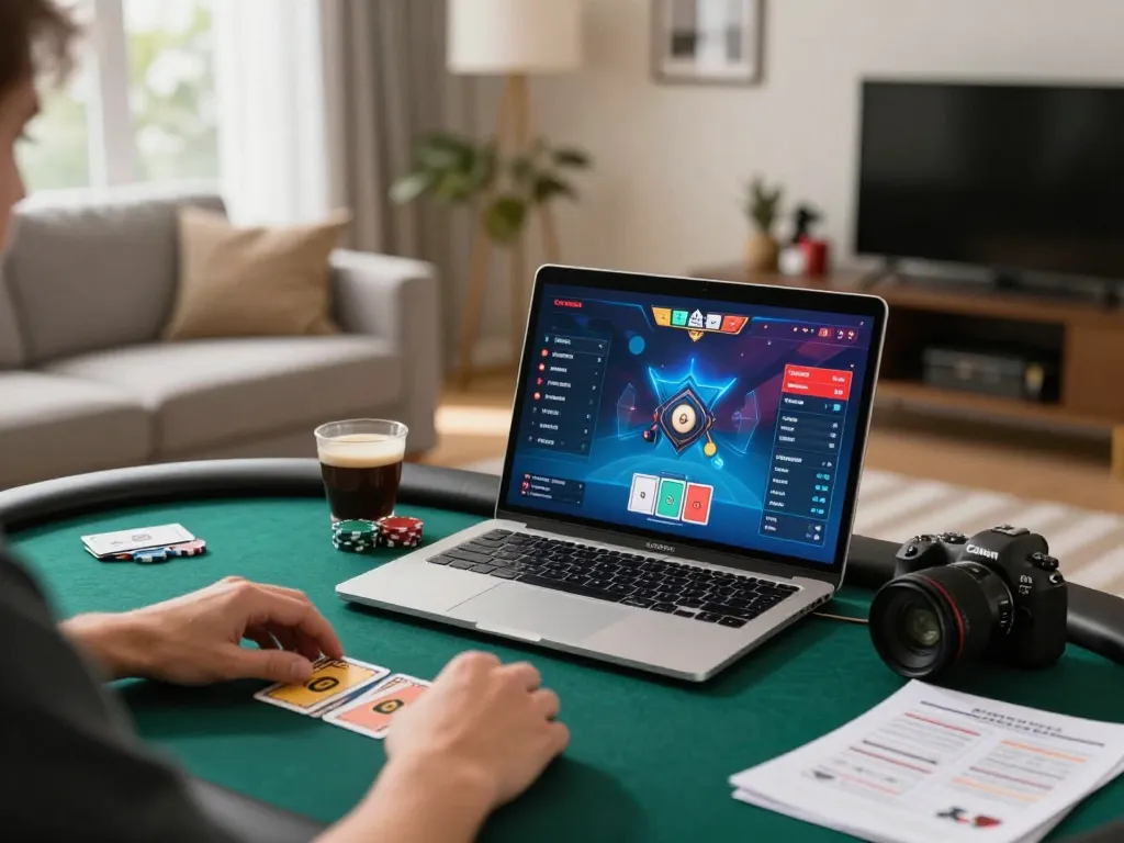 Engaged player exploring jili707 online poker strategies on a laptop in a cozy home environment