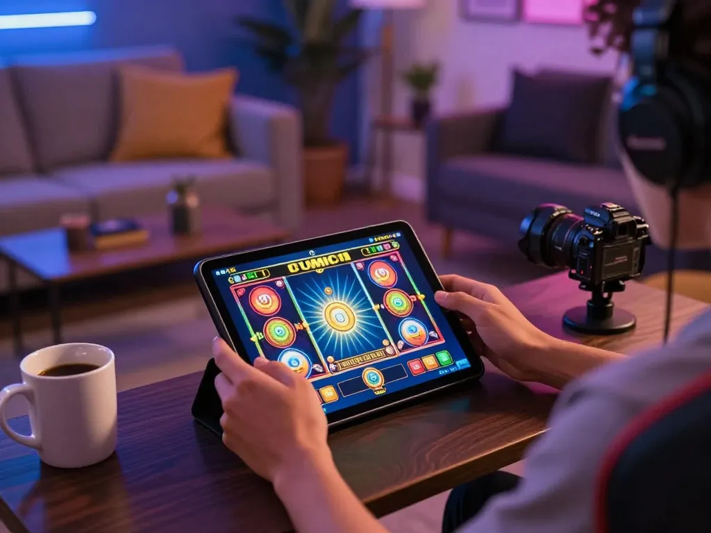 Player enjoying JJNN slot games on a tablet in a cozy home setting, emphasizing responsible gambling.