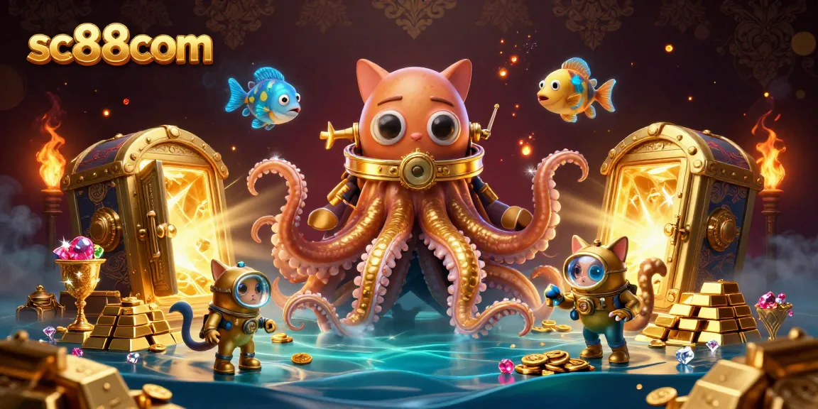 Engage with sc88com's thrilling atmosphere featuring a golden kraken and diving-cat character.