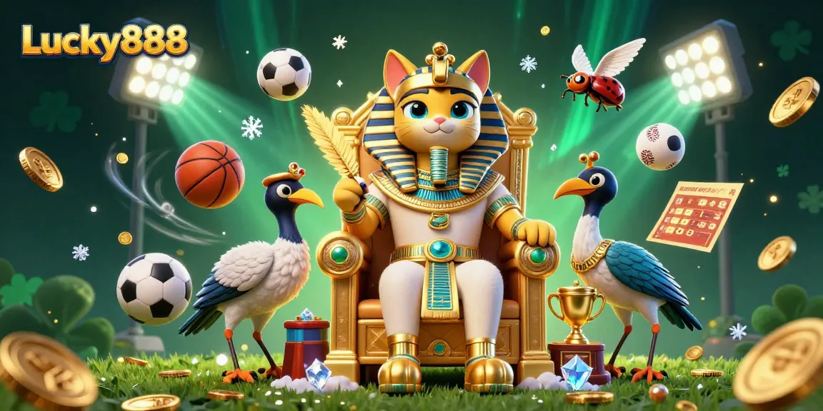 Experience thrilling wins at Lucky888 with a dazzling Egyptian pharaoh cat in a vibrant casino scene.
