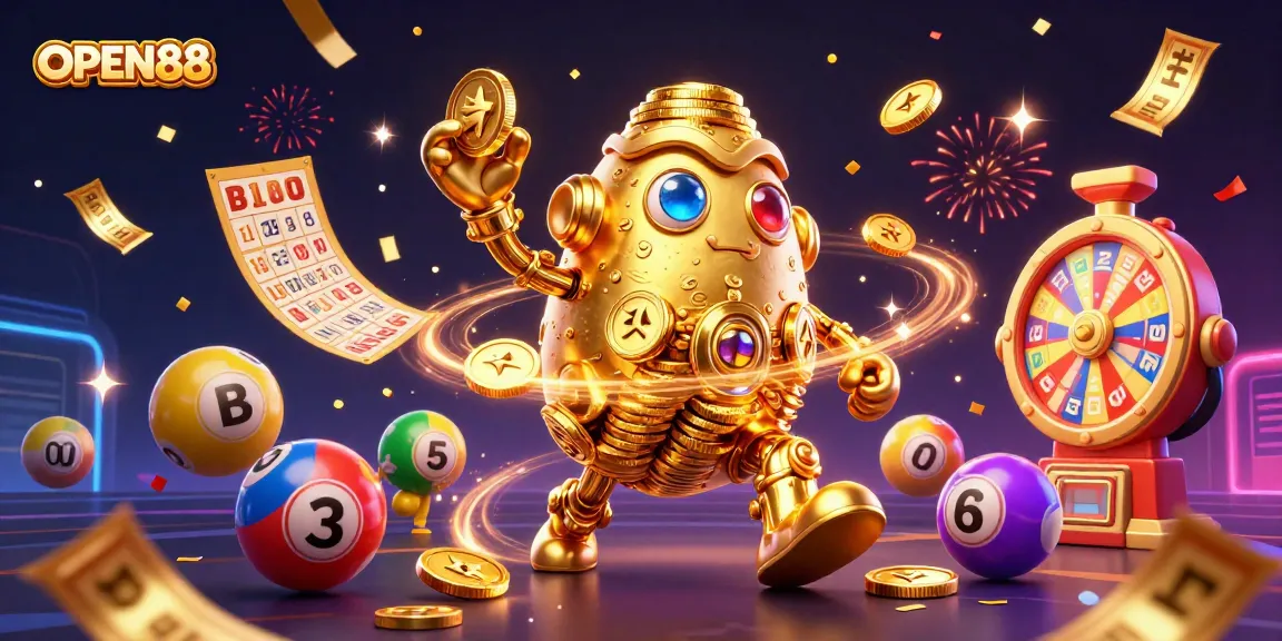 Spin and win big with OPEN88's exciting gaming atmosphere, featuring a golden golem and vibrant lottery elements.