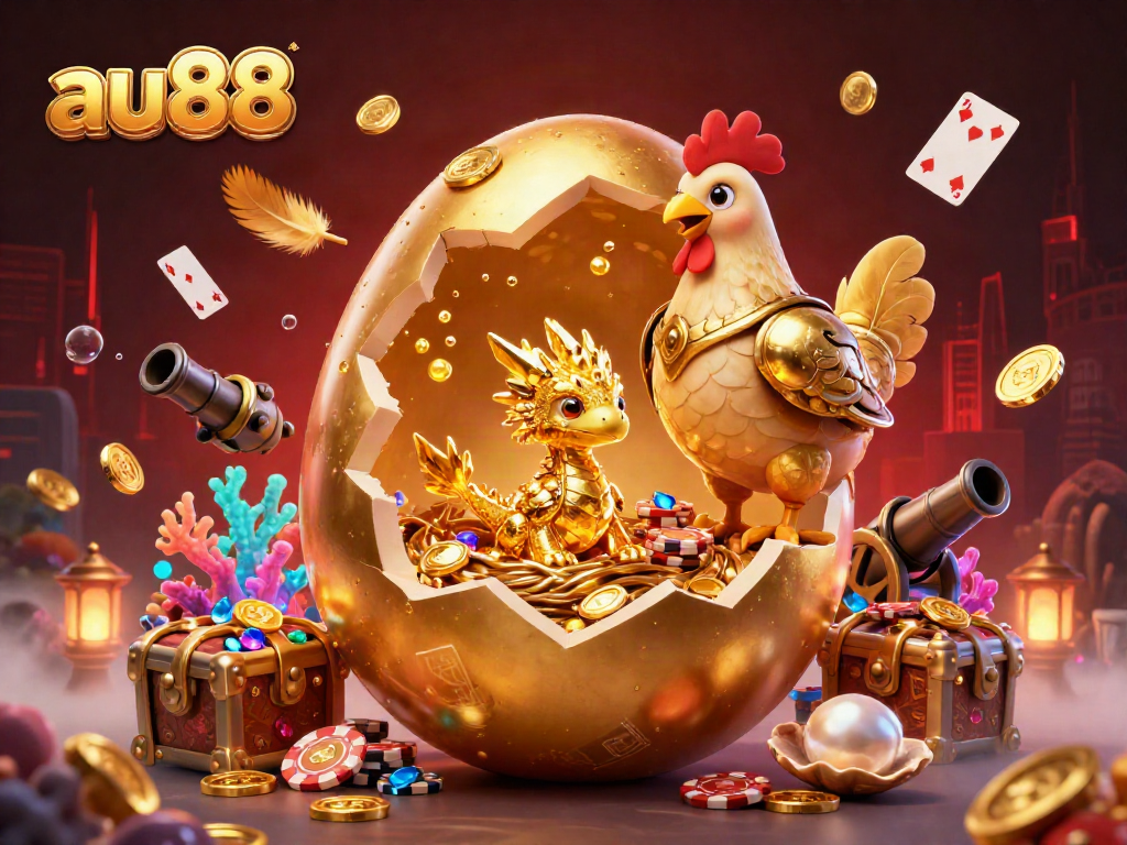 Experience thrilling gaming at au88 with a golden dragon on poker chips amidst sparkling treasures.