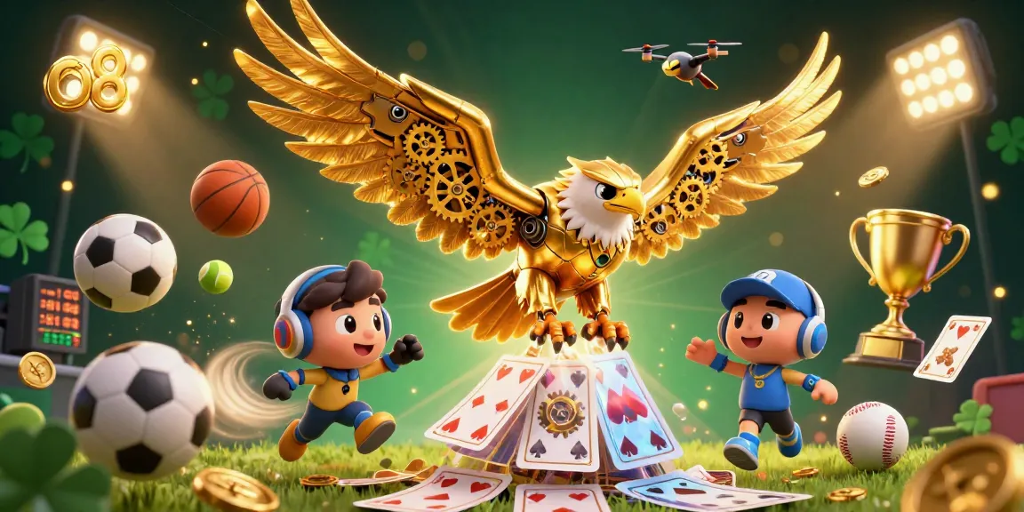 Win big with o8 as a cybernetic eagle dives through lively casino games and sports excitement.