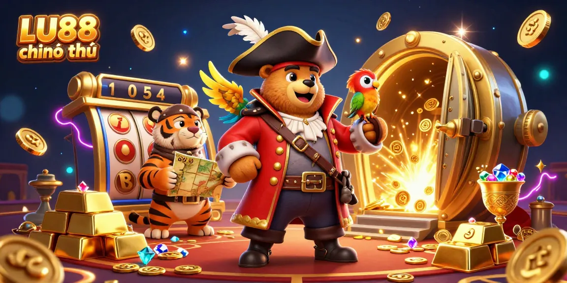 Win big at LU88 chính thức, featuring a 3D pirate captain bear and treasures in a vibrant gambling scene.
