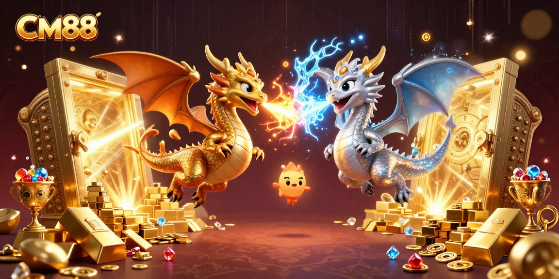 Experience the thrilling world of CM88 with intertwined dragons amid sparkling treasures and casino excitement.