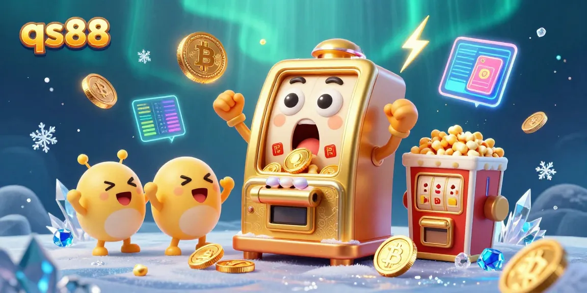 Engage with the dynamic qs88 slot machine hitting a jackpot amidst glowing crypto coins and vibrant casino elements.