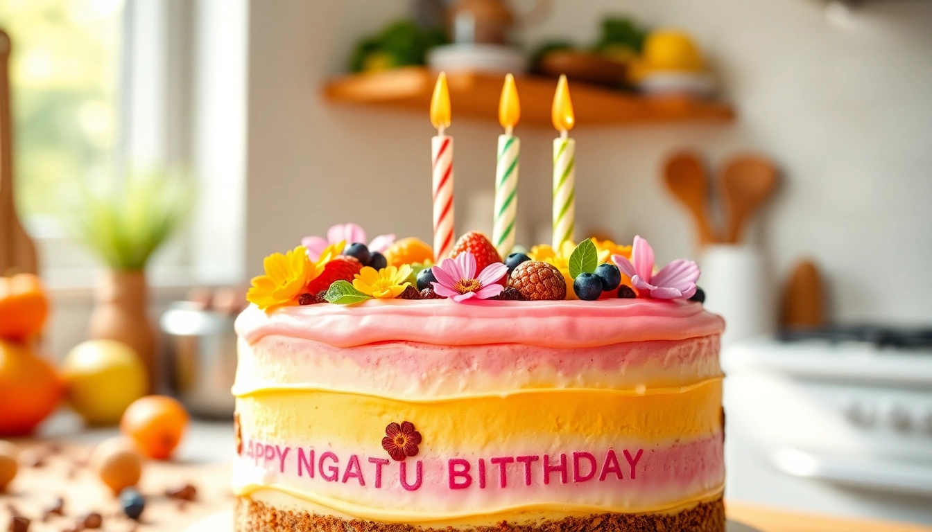 Savourez un délicieux VEGAN BIRTHDAY CAKE orné de fruits colorés et de fleurs comestibles.