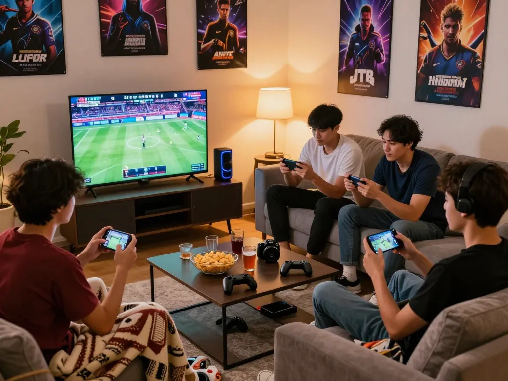 Friends enjoying the Onbet app in a cozy living room, engaging with live sports on TV and smartphones.