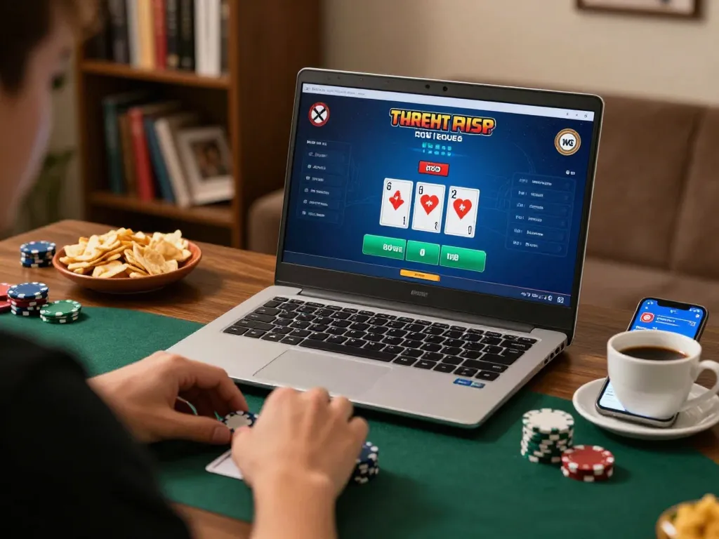 22ff player analyzing poker hand while enjoying a cozy online gaming session at home.