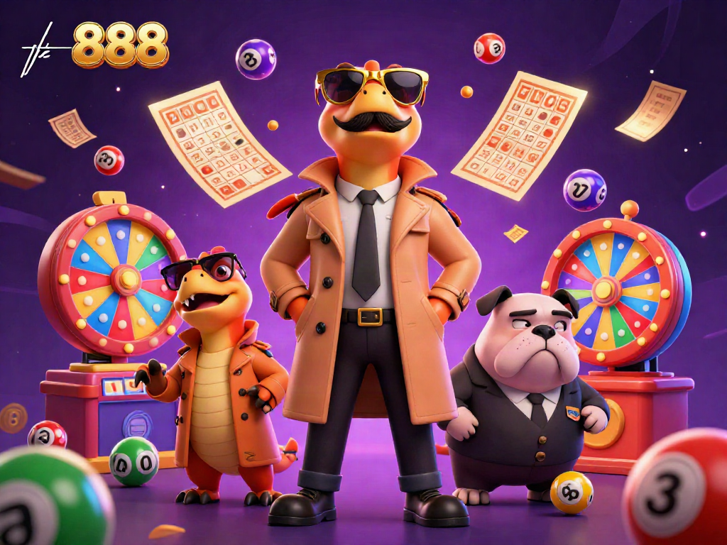 Enjoy a vibrant casino experience with tk 888 as colorful lottery elements spring from cartoon raptors trying to sneak in.