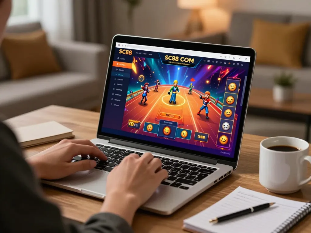 Engaging online gaming atmosphere with SC88 COM displayed on a laptop, encouraging strategic play.