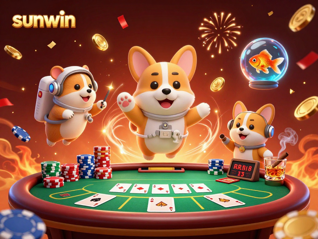 Engage with sunwin's exhilarating space casino adventure featuring a corgi, hamster, and goldfish.