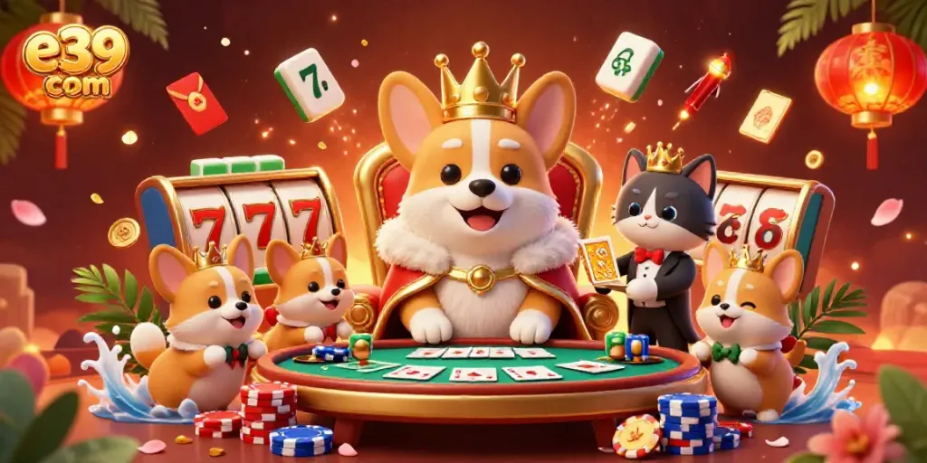 Experience thrilling slots with e39 com's royal corgi character in a vibrant casino scene.