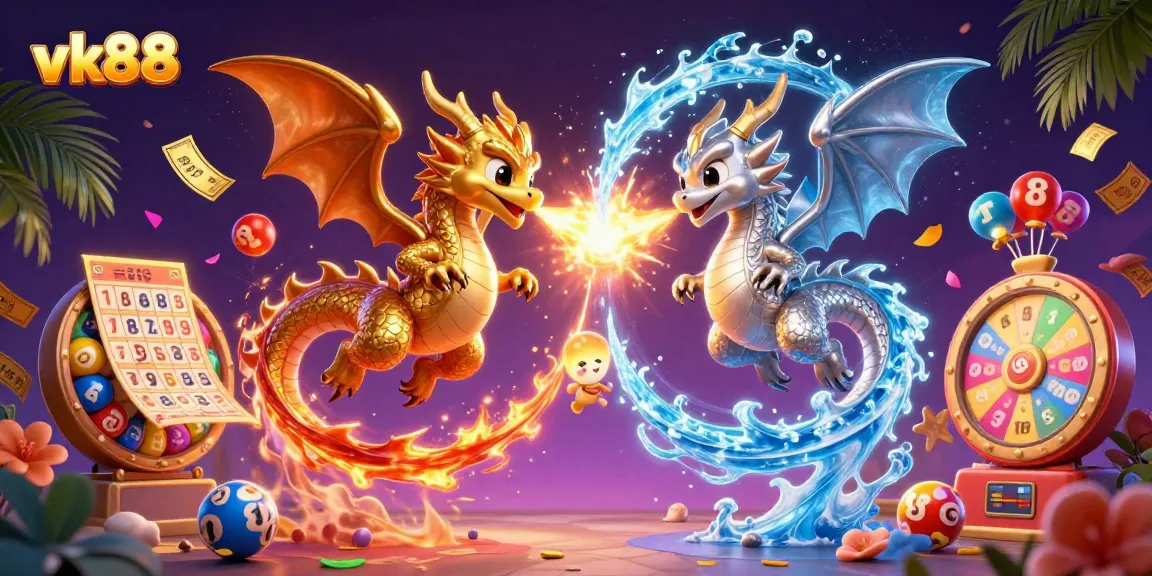 Experience thrilling gameplay at vk88 with twin dragons and vibrant casino elements in a magical 3D illustration.