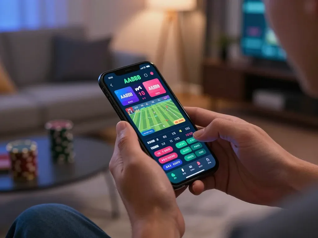AA888 user placing strategic bets on smartphone in a vibrant living room setup.