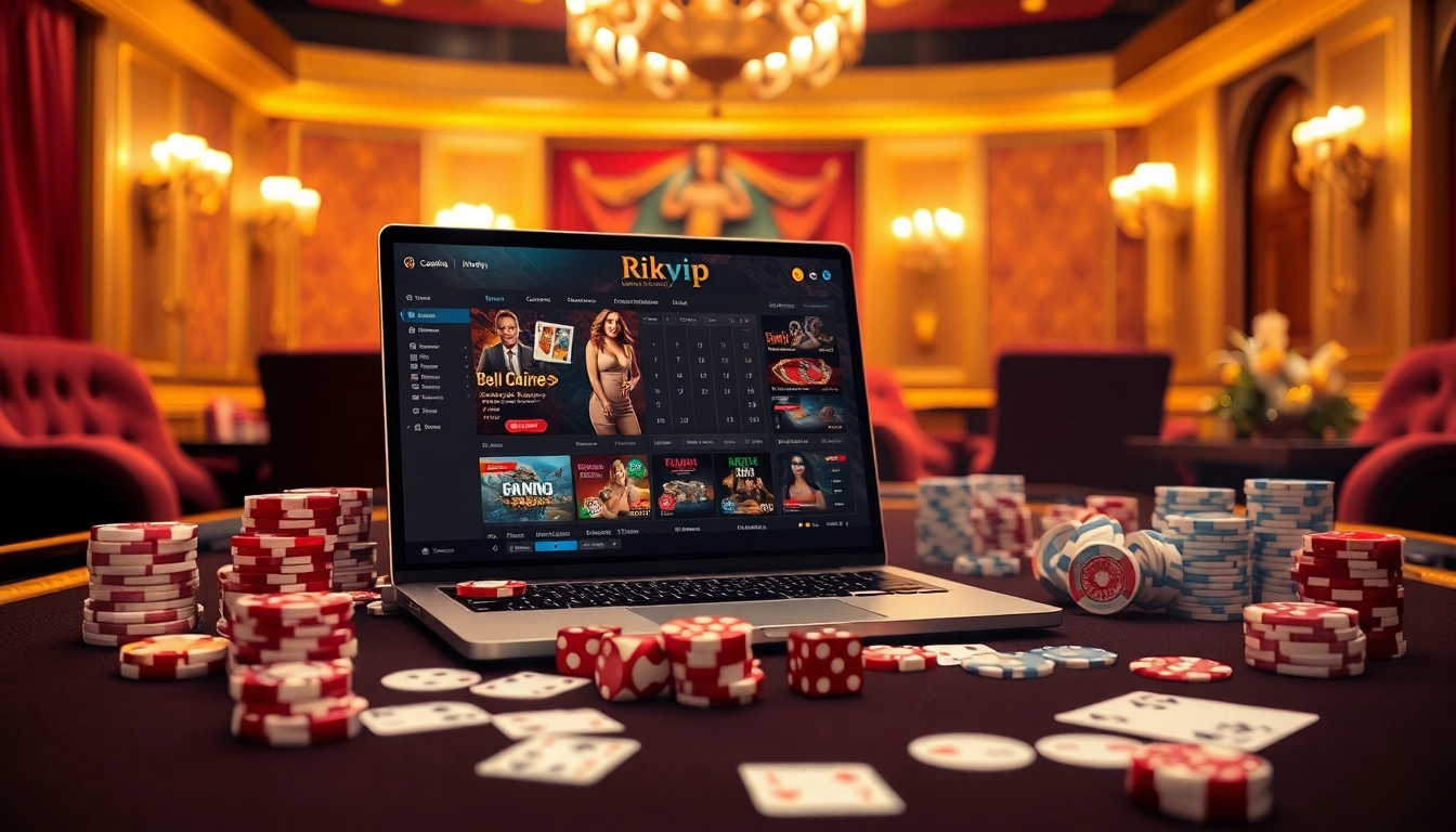 Experience the excitement of gambling with rikvip's luxurious gaming setup featuring poker chips and cards.