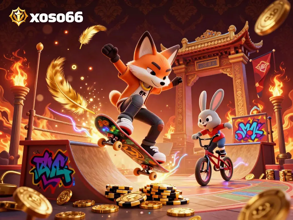 Experience excitement with xoso66 as a fox skater and rabbit rider perform tricks in a colorful casino-themed 3D art.