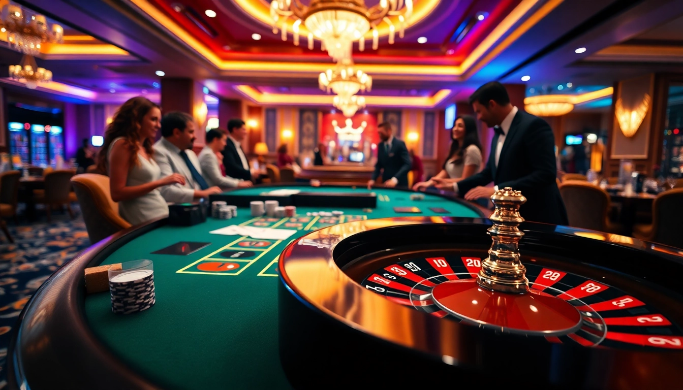 Découvrez le meilleur casino en ligne avec une ambiance élégante autour d'une table de jeu animée.