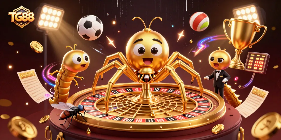 Engage with TG88's dynamic betting scene featuring a spider croupier and vibrant sports elements.