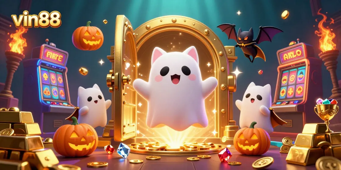 Engage with vin88's thrilling casino adventure, showcasing a floating ghost cat and sparkling treasures.