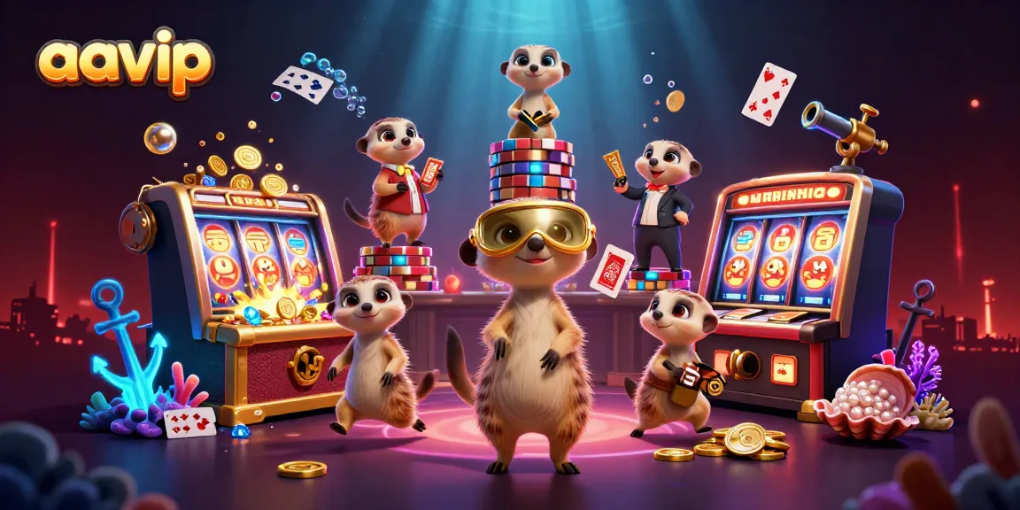 AAVIP's meerkats engage players in a lively casino environment filled with vibrant slots and treasure.