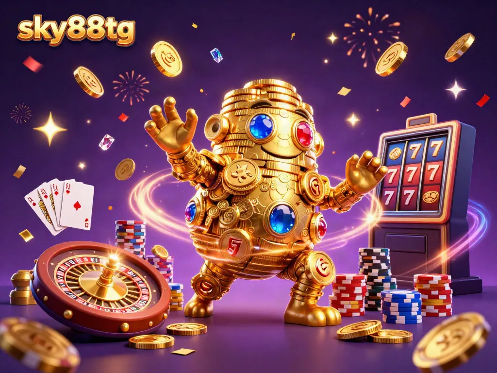 Engage with sky88tg's thrilling casino experience featuring a golden coin golem and slot machines.