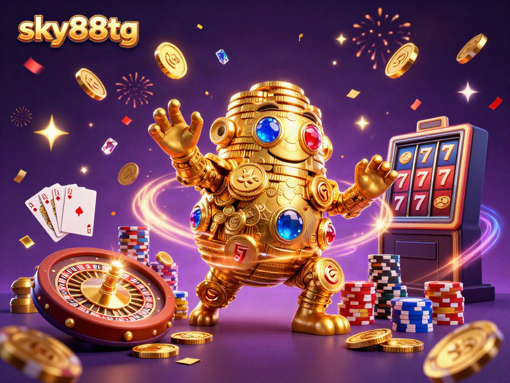 Engage with sky88tg's thrilling casino experience featuring a golden coin golem and slot machines.