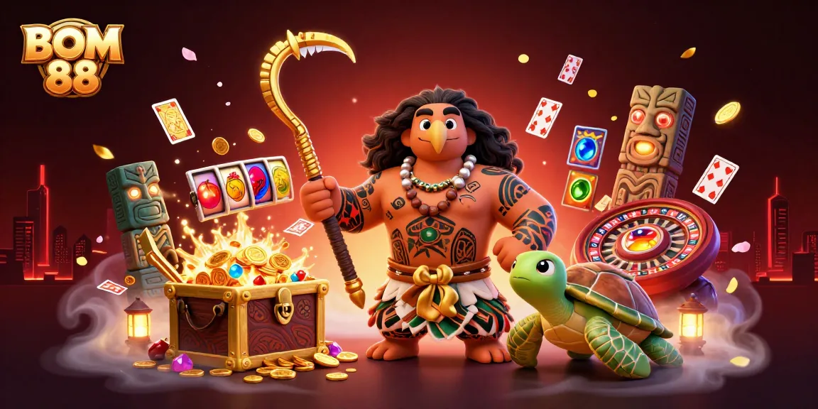 BOM 88 showcases a vibrant 3D casino scene with a Polynesian demigod, turtles, and slot games.