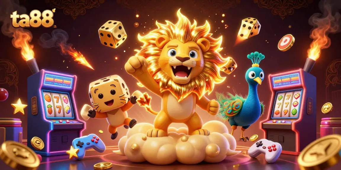 Experience exciting wins at ta88 with golden dice and roaring lion in a vibrant 3D casino scene.