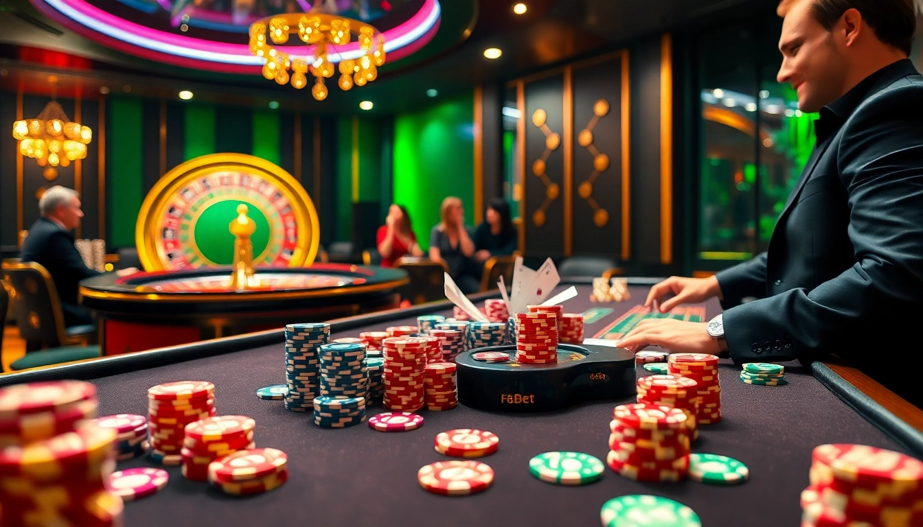 Exciting casino atmosphere with F8BET chips and cards, showcasing thrilling gambling experience.