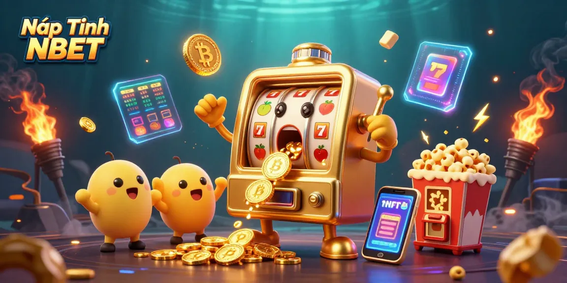 Nạp Tiền NBET with vibrant slot and crypto-themed 3D illustration featuring a golden slot machine hitting the jackpot.