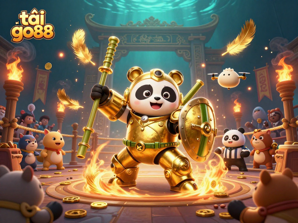 Engage in exciting gameplay with tải go88, featuring a golden panda battling in a vibrant casino arena.