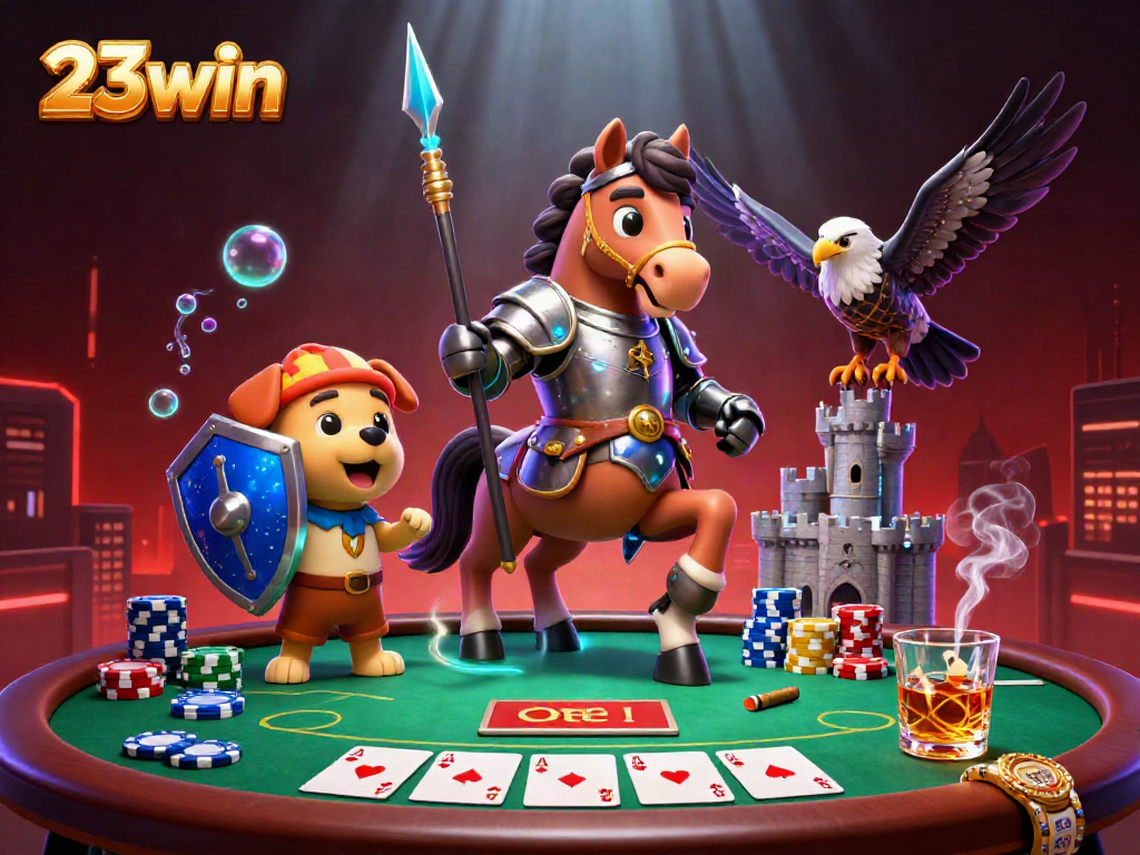 Engage with 23win's vibrant casino scene featuring medieval knight, puppy squire, and falcon amid dynamic poker action.