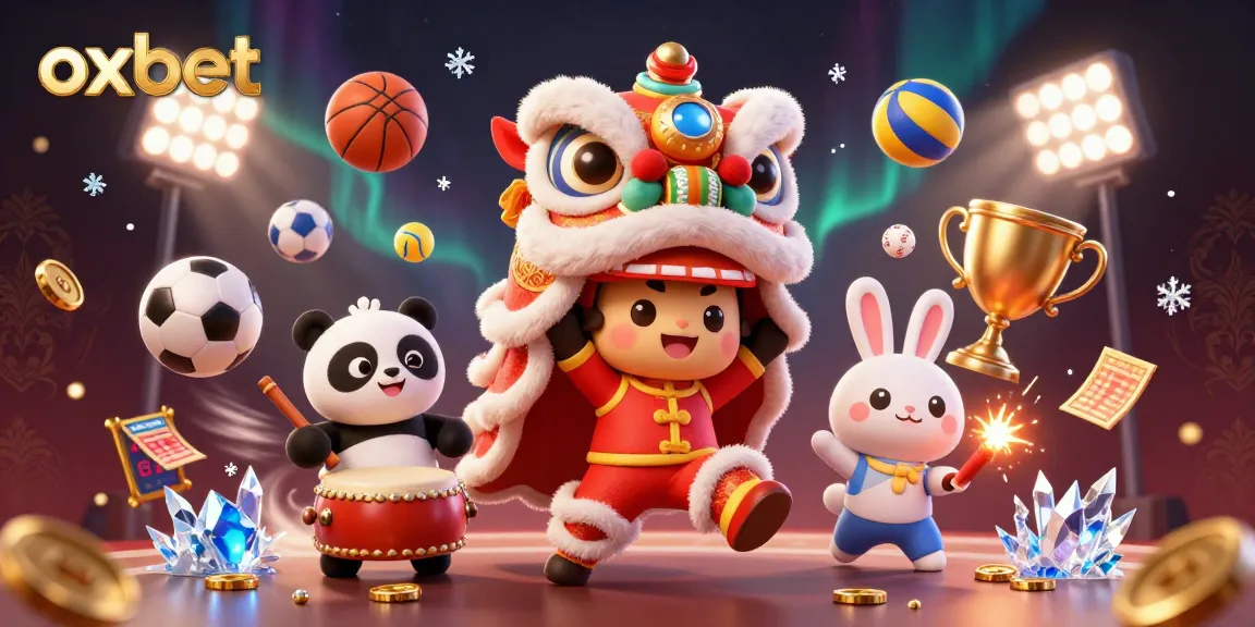 Experience the thrill of oxbet with a vibrant casino scene featuring a lively lion dance and sports elements.