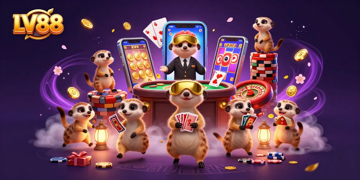 Engage with LV88's dynamic casino scene featuring meerkats amidst vibrant gaming elements.