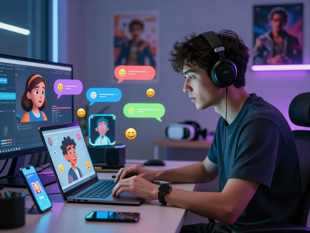 Engaging chat scenario highlighting crush on ai with animated character interactions in a modern digital workspace.