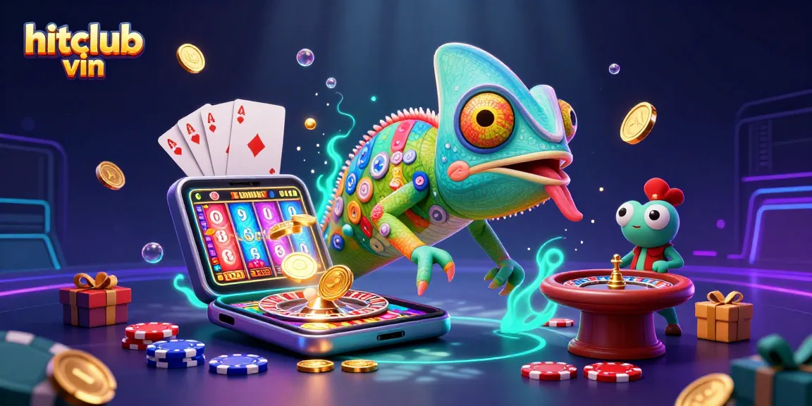 Enjoy thrilling gaming at hitclub vin with a vibrant chameleon owner, slot games, and golden coins!