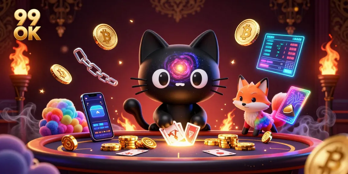 Engage with 99 OK at the cosmic casino table, where games and coins swirl around.