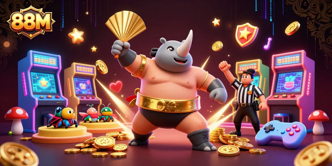Experience thrilling action at 88M casino with vibrant games, flying coins, and dynamic characters.