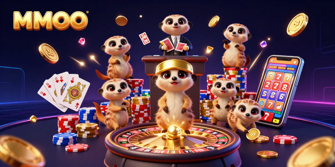 Experience the excitement of MMOO as meerkats run a casino, surrounded by coins, gems, and action.