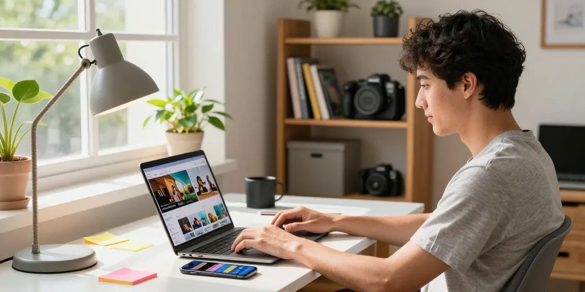 Baixar video mp4 em um moderno escritório em casa com laptop e smartphone.