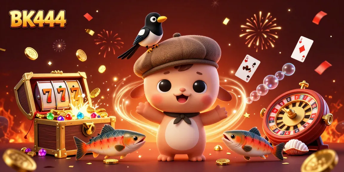 Experience thrilling gameplay at BK444 with vibrant characters amidst rich casino elements and a golden glow.