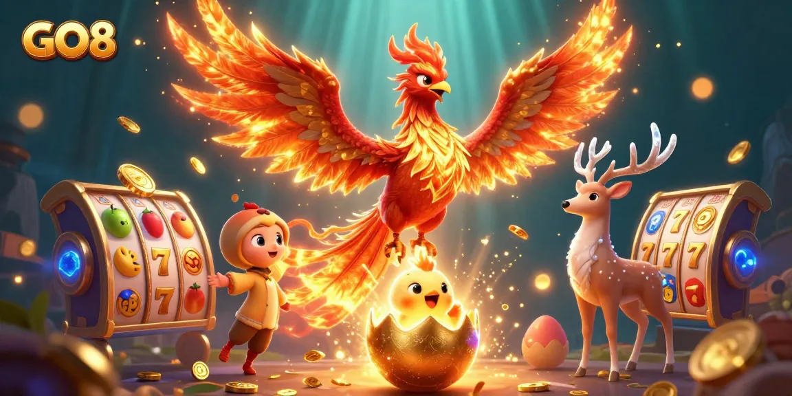 Watch the GO8 phoenix soar as slots spin and treasures shine in a vibrant casino scene.