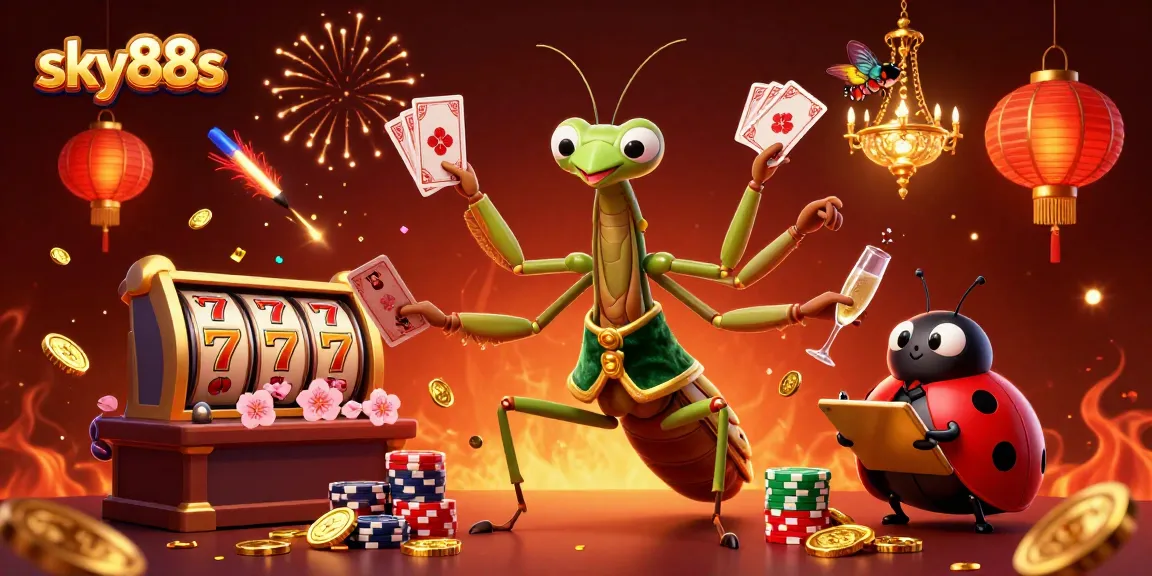 Experience thrilling gameplay at sky88s with a vibrant 3D illustration of a giant praying mantis and ladybug pit boss in a lively casino setting.