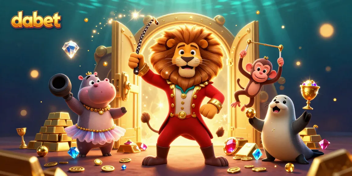 Dabet showcases vibrant casino excitement with a roaring lion and whimsical characters amidst gleaming treasures.
