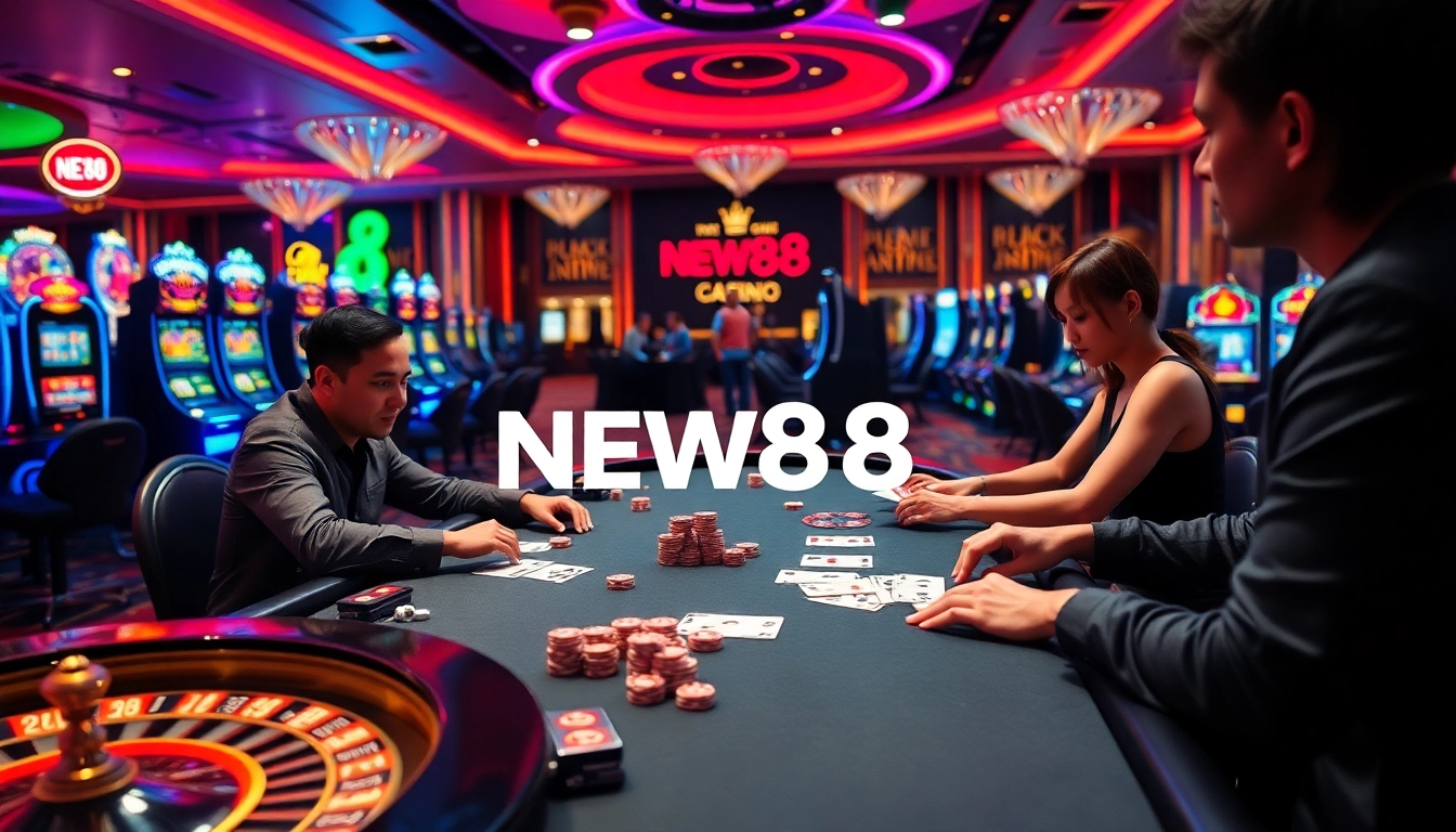 Experience the excitement at NEW88's luxurious online casino with poker games and vibrant ambiance.